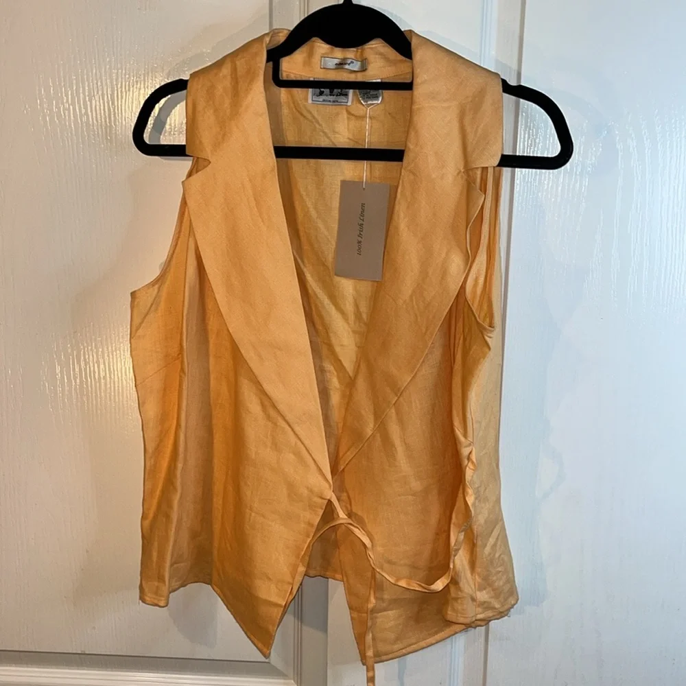 Edward 100% Irish linen sleeveless top. Orange crossbody tie. large. Fall. - Picture 6 of 11